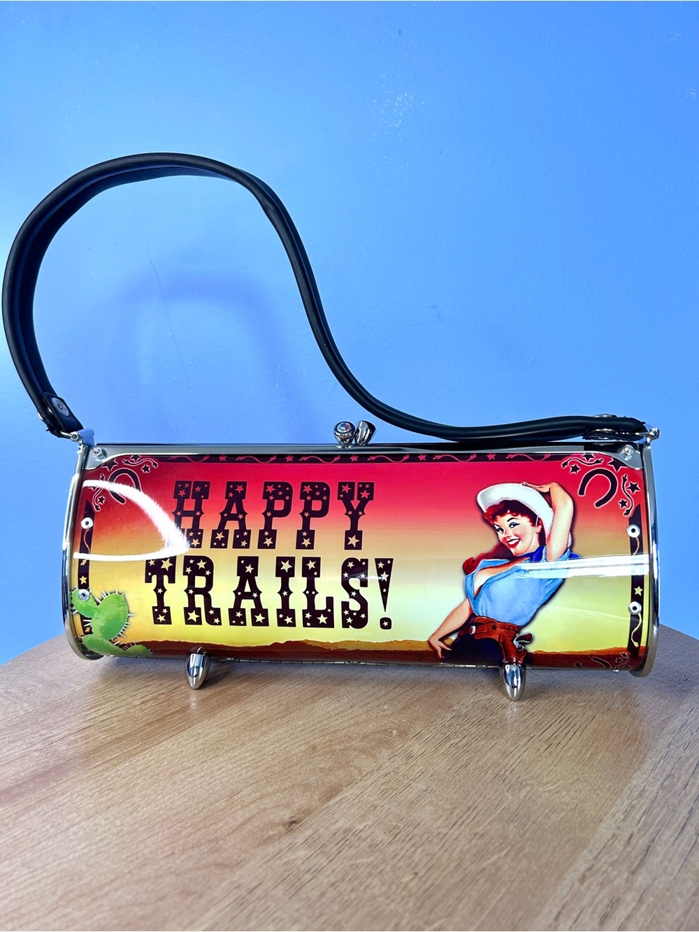 Happy Trails! Retro Cowgirl Print Metal Barrel Bag